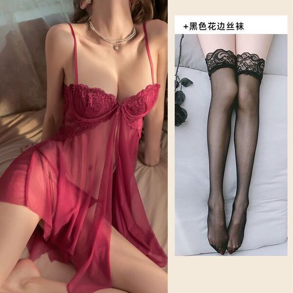 Sexy Lace Sheer Sleep Dress for Women – Front Slit, Underwire Push-Up Nightgown with Seductive Design - Burgundy suit + black lace stockings