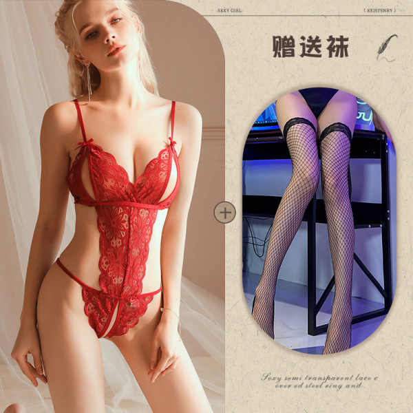 Qingran Sexy Lace Bodysuit for Women – Alluring Sheer Uniform Set with Cut-Out Details & Sensual Design - Red and black fishnet stockings