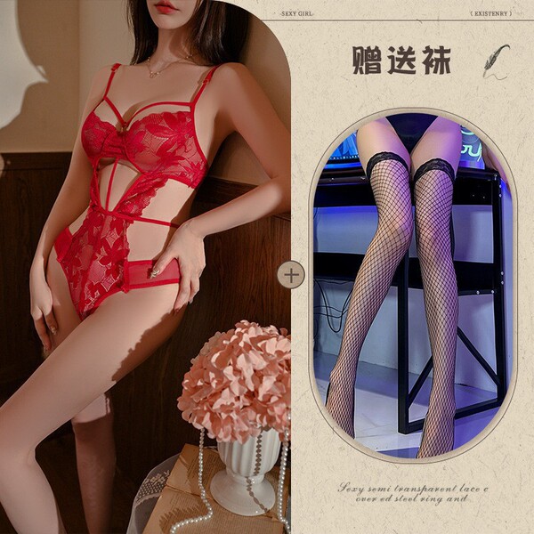 Sexy Lace Bodysuit for Women - Sheer Temptation, Push-Up, Open-Crotch Design, Alluring Lingerie Set - Red and black fishnet stockings