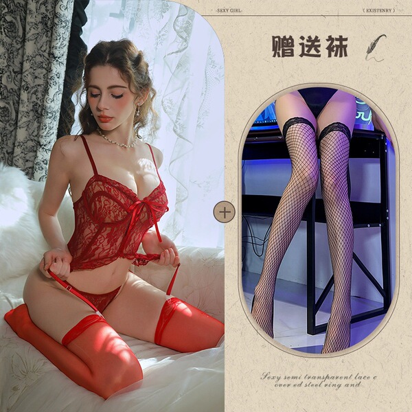 Mannyqing Lingerie Set - Sexy Lace Sheer Bodysuit with Cut-Out Details & Waist-Cinching Design for Women - Red and black fishnet stockings