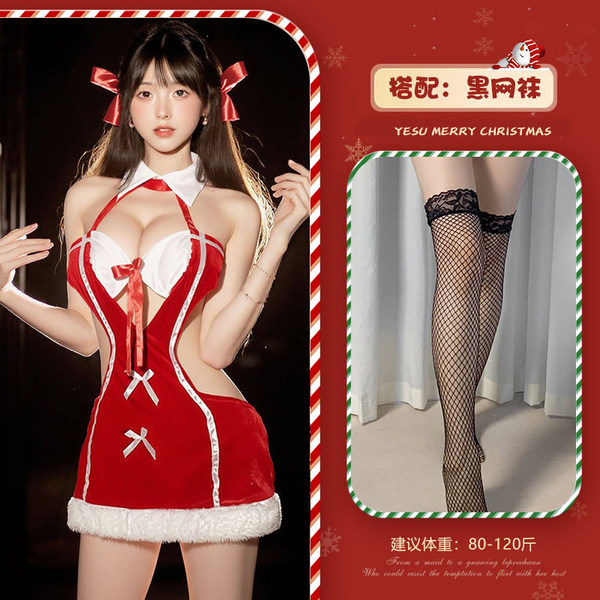 Christmas Velvet Lingerie Nightgown - Sexy Pure & Tempting Role Play Costume for New Year's Eve & Holiday Parties - Red and black fishnet stockings