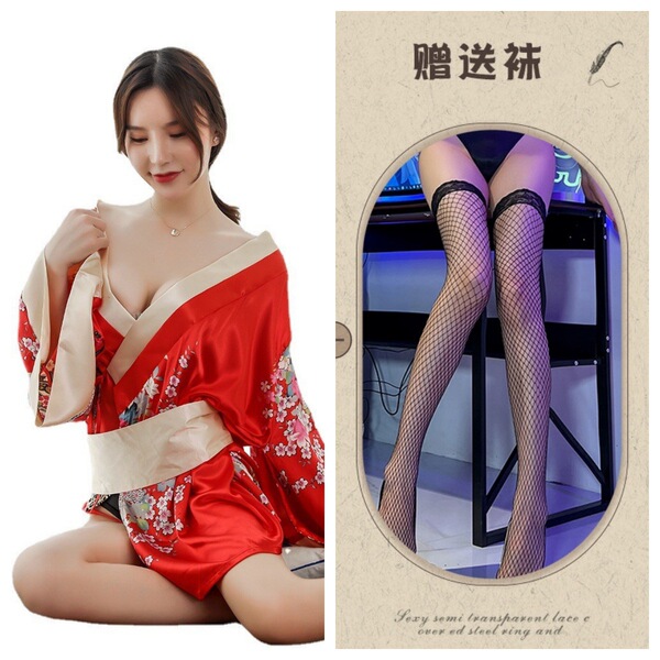 Japanese Geisha Sleepwear Set – Sexy Kimono Robe, Busty Bra & Ninja Cosplay Outfit for Women & Crossdressers - Red and black fishnet stockings