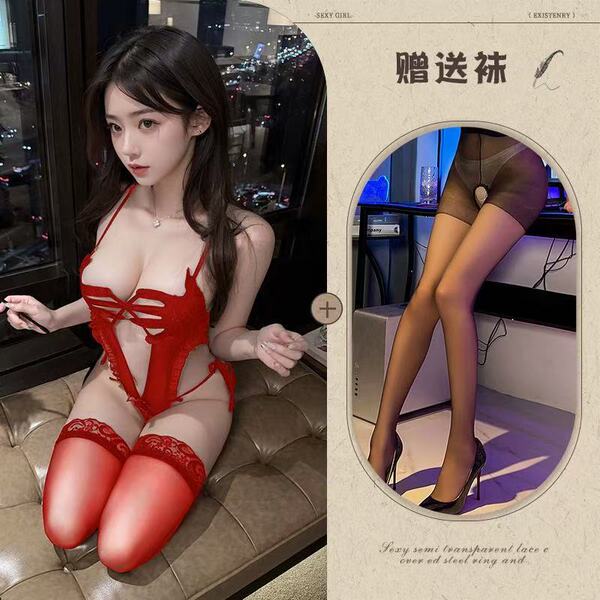 Midnight Desire Lace Bodysuit - Seductive Sheer Pure-Temptation Open-Crotch Sensual Lingerie - Burgundy and black open-crotch stockings