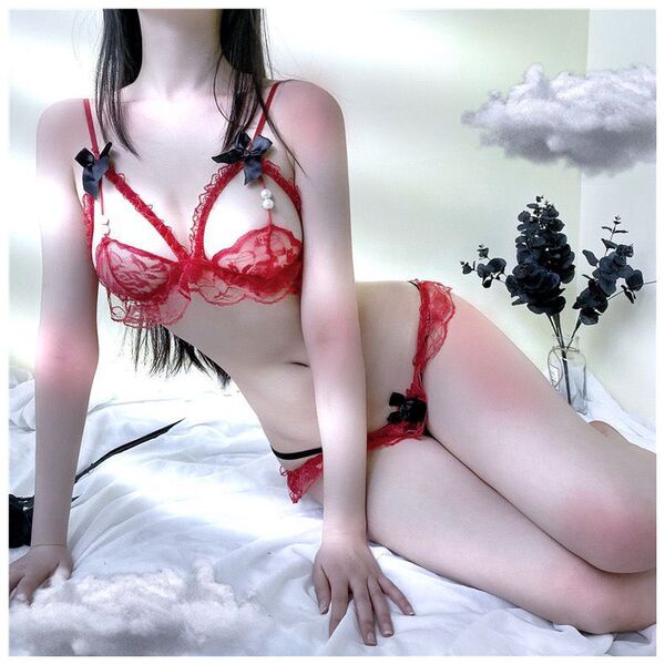 Qingran Sensual Lingerie Set for Women – Pearl-Embellished Bikini Thong & Matching Bra Passion Outfit - Red and black open-crotch socks