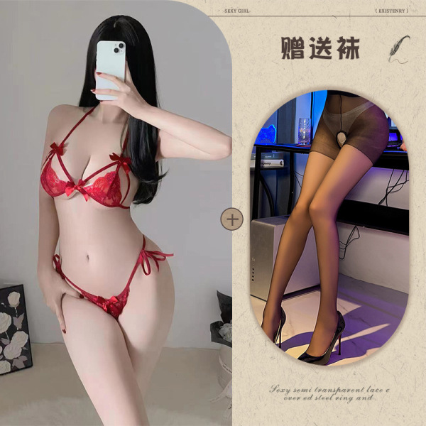 Qing Ran Sexy Lace Bra and Panty Set - Transparent Temptation Sleepwear for Women, Wholesale Available - Red and black open-crotch socks