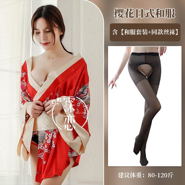 Cherry Blossom Kimono Lingerie Set - Seductive Role Play Bathrobe Outfit for Women - Red and black open-crotch socks