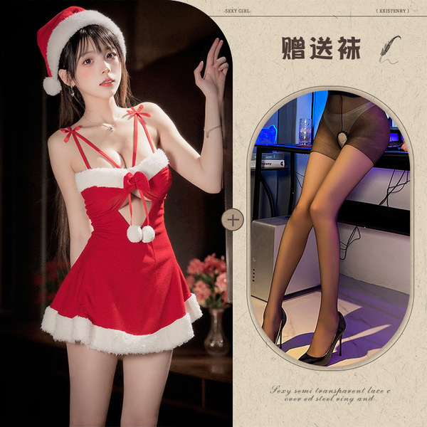 Night Fragrance Christmas Cosplay Velvet Nightgown - Sexy Role Play Lingerie for Holiday & New Year - Red and black open-crotch socks