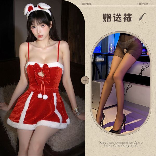 Red New Year Lingerie Set - Sexy Strap Dress, Bunny Girl Costume & Role Play Outfit for Christmas & Holiday Fun - Red and black open-crotch socks