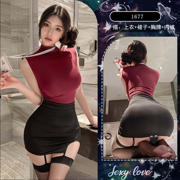 Sexy Secretary Costume Outfit - Plus Size OL Office Role Play Dress, Pure Temptation Tight Fit Mommy Style Skirt - Red and black top + skirt + name tag + thong + open-crotch stockings