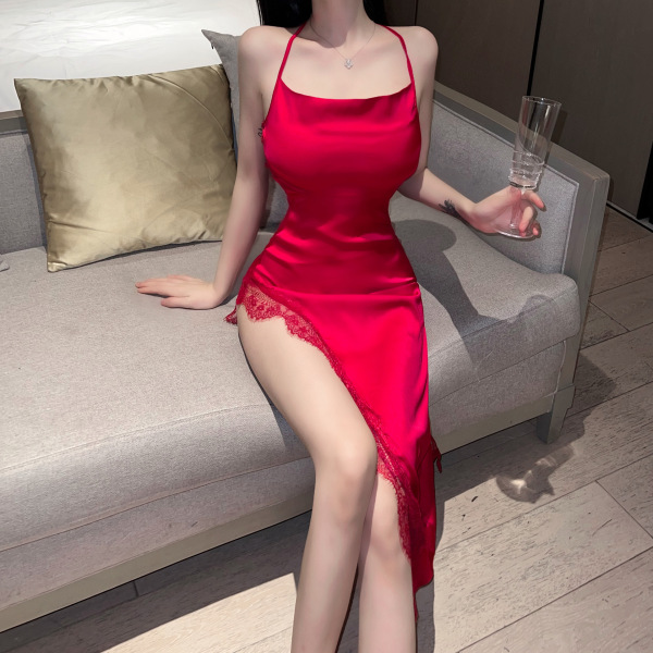 EruRu Factory Direct Busty Busty Elegant Lace Backless Split Dress - Seductive Party & Cosplay Outfit - Red + Black Stockings