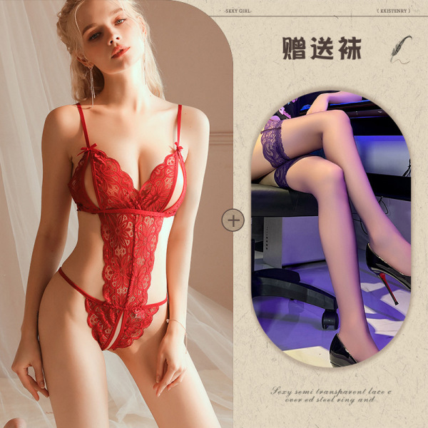 Qingran Sexy Lace Bodysuit for Women – Alluring Sheer Uniform Set with Cut-Out Details & Sensual Design - Red + Black Stockings