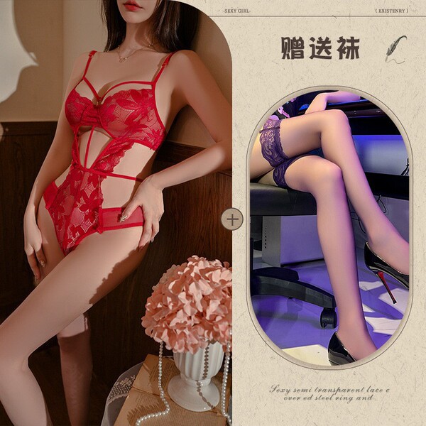 Sexy Lace Bodysuit for Women - Sheer Temptation, Push-Up, Open-Crotch Design, Alluring Lingerie Set - Red + Black Stockings