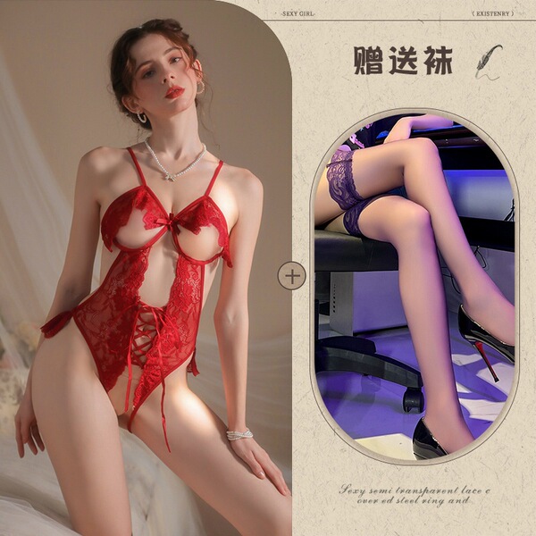 Mannyqing Sexy Lace Bodysuit for Small Bust Women - Open-Crotch Allure Sleepwear, One-Size Seductive Lingerie - Red + Black Stockings