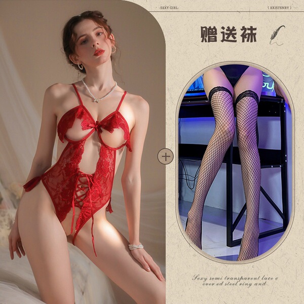 Mannyqing Sexy Lace Bodysuit for Small Bust Women - Open-Crotch Allure Sleepwear, One-Size Seductive Lingerie - Red and black fishnet stockings