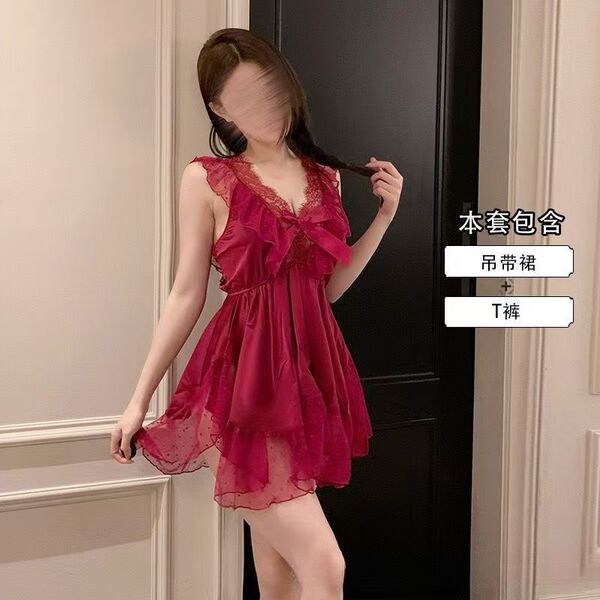 Pure & Seductive Lace Chemise - Deep V Neck Sexy Sheer Sleep Dress for Women, No-Undress Design - Red + Black Stockings