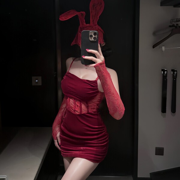 Manny Night Velvet Bunny Girl Bodycon Dress - Pure Temptation Lace-Up Sexy Lingerie Set - Red + Black Stockings