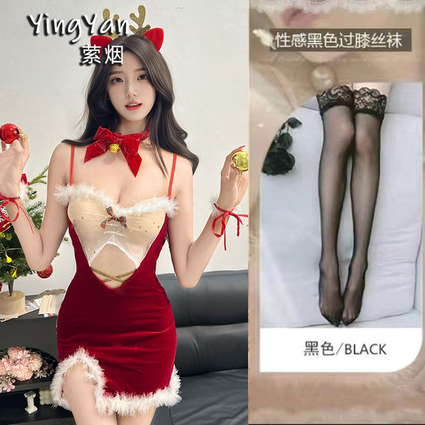 Yingyan Christmas Lingerie Set - Sexy Bare-Back Bra Top & Matching Bottoms, Elegant New Year Party Outfit for Women - 0936 Red + Black Stockings