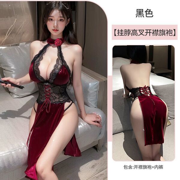 Sexy Qipao Lingerie Set - Gold Velvet High-Slit Bodycon Sleepwear & Provocative Uniform-Inspired Outfit - Burgundy + Black Garter Stockings