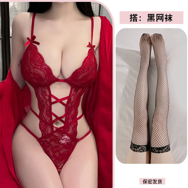 QQNY Pure Allure Sleepwear Set – Elegant Seductive Lingerie for Women, Luxury Intimate Nightwear - Red bodysuit + black fishnet stockings