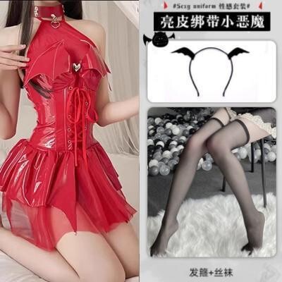 Japanese Cosplay Maid Dress Set - Cute Sexy Lolita Short Sleeve Long Sleeve Uniform Dress for Women Plus Size - Red jumpsuit + free choker + free thong + free socks + free headpiece