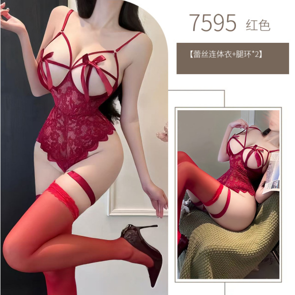 Sexy Lace Bodysuit for Small Bust Women - Provocative Plus Size Uniform-Style Sleepwear, No-Remove Passion Lingerie - Red bodysuit (socks not included)