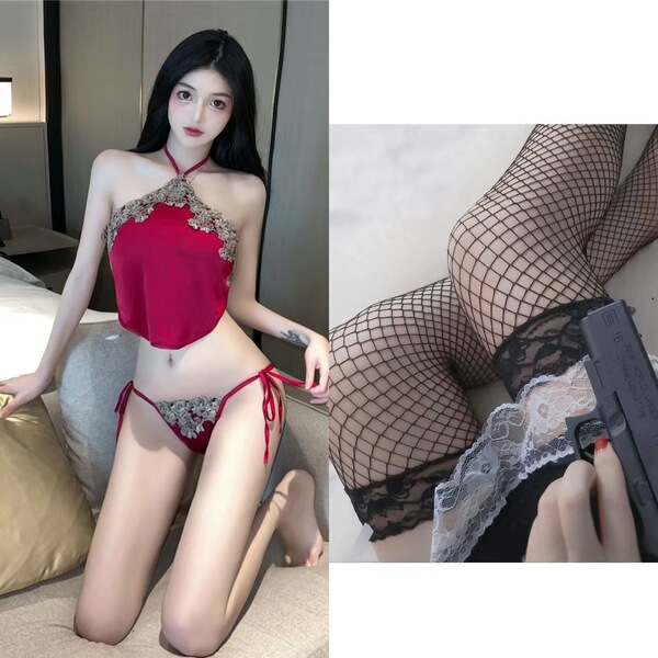 SUQING Vintage Sexy Bodysuit - Sheer Embroidered Lingerie with Adjustable Straps, Retro Allure Outfit - Burgundy halter top set + black fishnet stockings