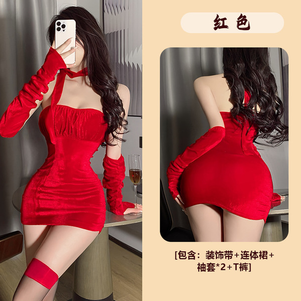 Fan Lei New Year Christmas Uniform Wrap Dress – Valentine's Day Party Outfit & Lingerie Sleepwear Set - Red [Bracket Dress + 2 Sleeves + Neck Tie + Thong]