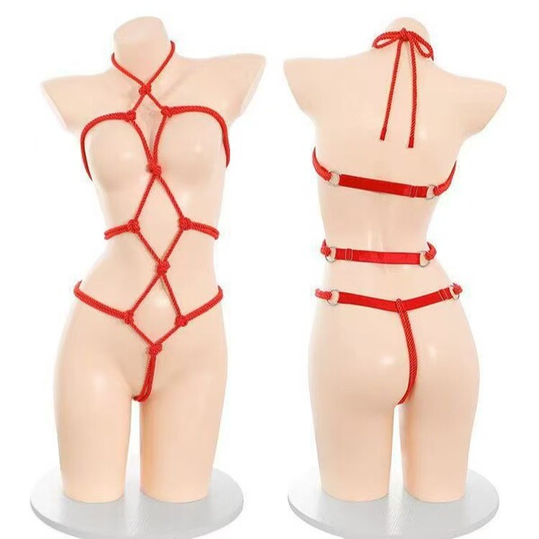 Dowemi Sexy Lingerie Set - Vintage Japanese Kimono Style Sheer Erotic Robe with Floral Print - Red bondage clothing [Single shot]