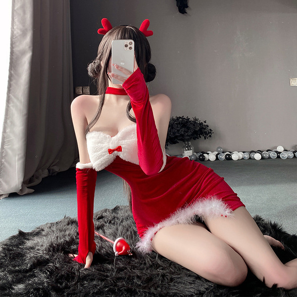 Red bow sexy christmas cosplay outfit - flirty skirt set for holiday parties & new year performances