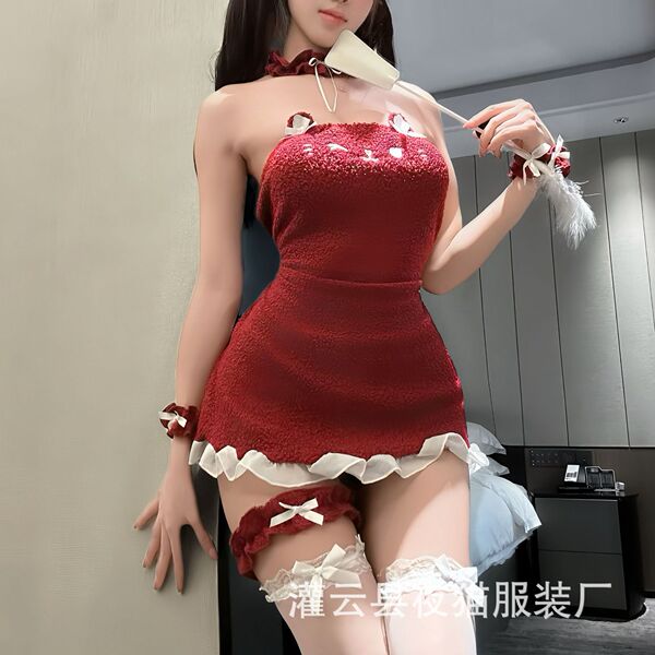 Fluffy Backless Lingerie Set - Kitten Cosplay Maid Outfit, Sexy Pure-Yet-Seductive Role Play Costume for Women - Red Set (2 bracelets + neck ring + leg ring)