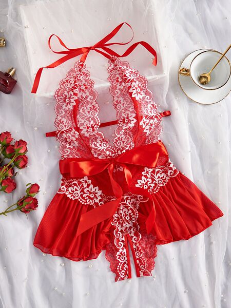 Lace Sheer Bodysuit for Women - Sexy European Style Erotic Lingerie, Full-Body Transparent Design - Big Red