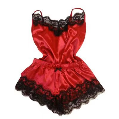 Amazon Ice Silk Women's Summer Sleepwear Set – Sexy Lace Cami & Shorts Two-Piece Outfit - Big Red