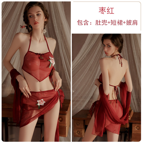 Glorious Sensual Summer Lingerie Set – Sheer Hanfu-Inspired Bodysuit, Shorts & Shawl Outfit - Jujube Red