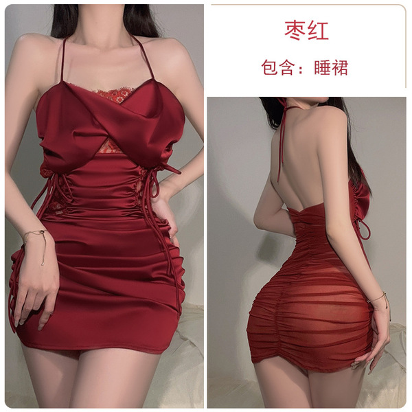 Glorious New Year Lace Sheer Tie-String Babydoll Nightgown Set for Women - Seductive Lingerie Outfit - Jujube Red