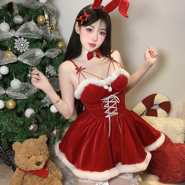 Red bunny girl christmas outfit featuring a festive slip dress with bunny ears, perfect for holiday celebrations.