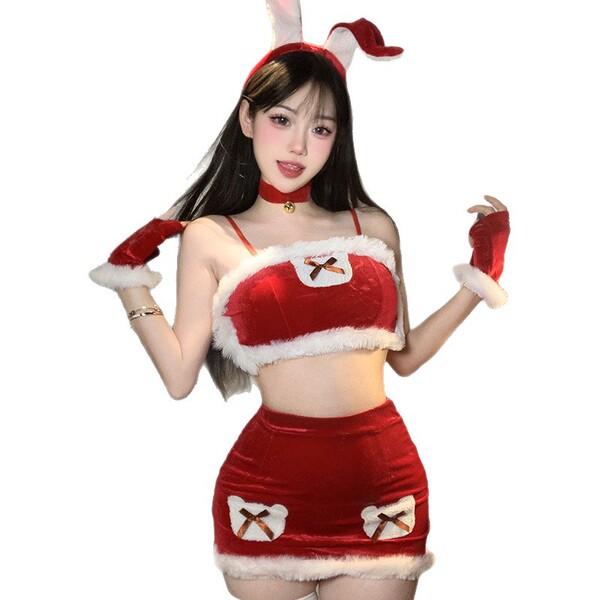 Red bunny girl christmas outfit - sexy holiday lingerie set & pure-temptation slip dress for women