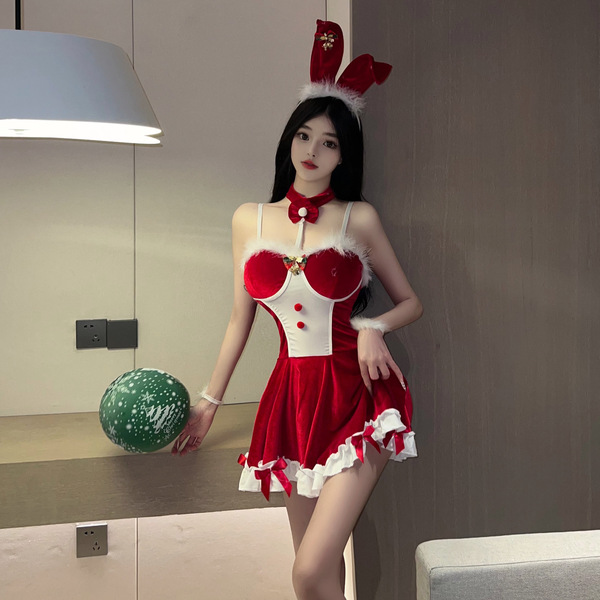 Red bunny girl costume - sexy lingerie dress for new year & christmas, no-remove seductive outfit featuring festive design an...