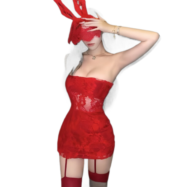 Red lace bunny lingerie set with crop top, mini dress & ears – perfect for christmas, new year & cosplay.