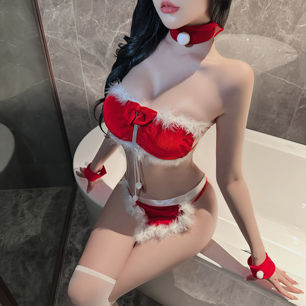 Red bunny lingerie set featuring festive design with white fur accents, perfect for new year and christmas themed outfits.