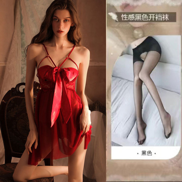 Lace Sensual Sleepwear Set - Sexy Underwire Push-Up Lounge Set for Small Bust Women - 0803 [Breast Support] Red Butterfly Nightgown + Panties + Black Open Crotch Stockings