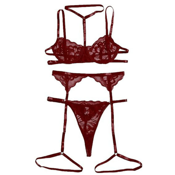 Lace Lingerie Set for Women – Sexy Pure & Tempting Sleepwear with Garter Belt & Halter Bra - Maroon