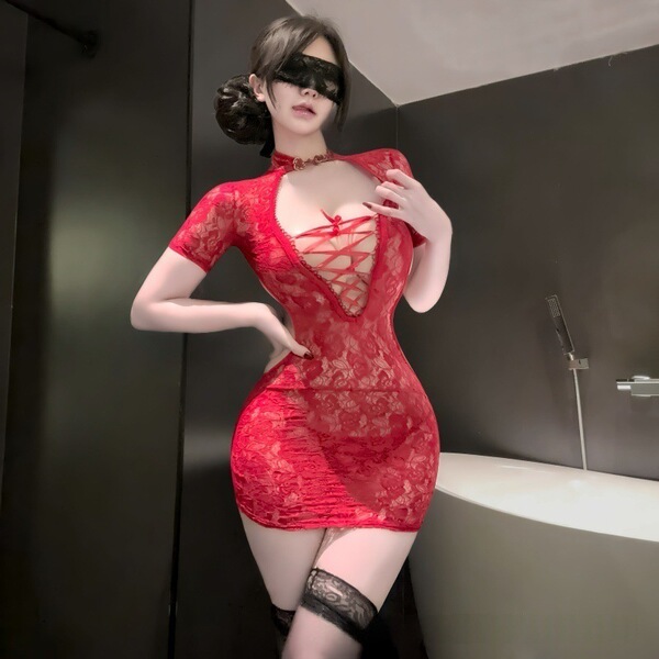 Lace Temptation Lingerie Set - Midnight Silk-Fit Uniform Style Sleepwear for Small Bust, Removable Design - Burgundy cheongsam + T-shirt