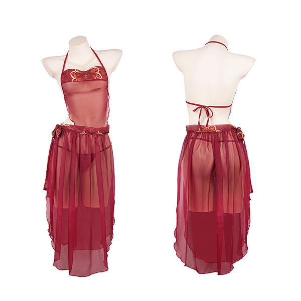 Red chinese-inspired sexy lingerie set featuring sheer hanfu style bodysuit with matching accessories, perfect for curvy brid...