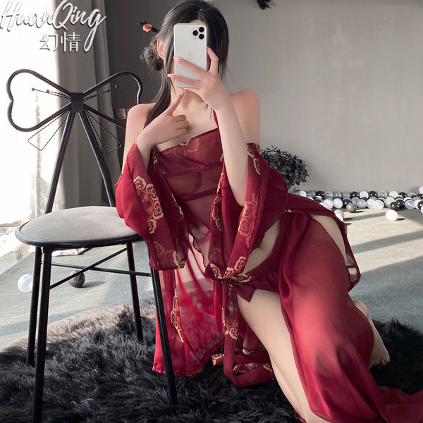 Red chinese-inspired sheer hanfu style bodysuit with matching accessories, perfect for curvy brides seeking elegance and allu...