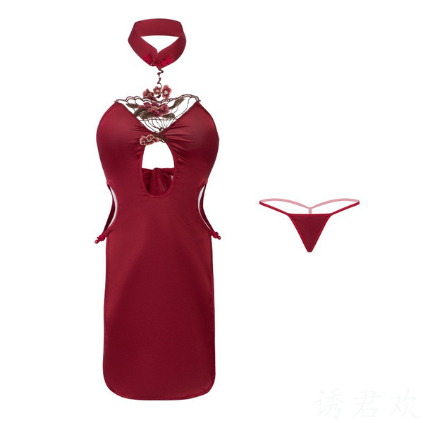 Red chinese-style lingerie set featuring a sexy hanfu doudou and qipao costume, no-remove design with discreet shipping.