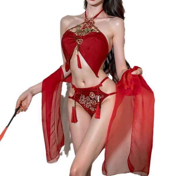 Woman wearing red chinese-style lingerie set with lace, tassels, and sheer sleeves — sexy hanfu-inspired bodice for romantic ...