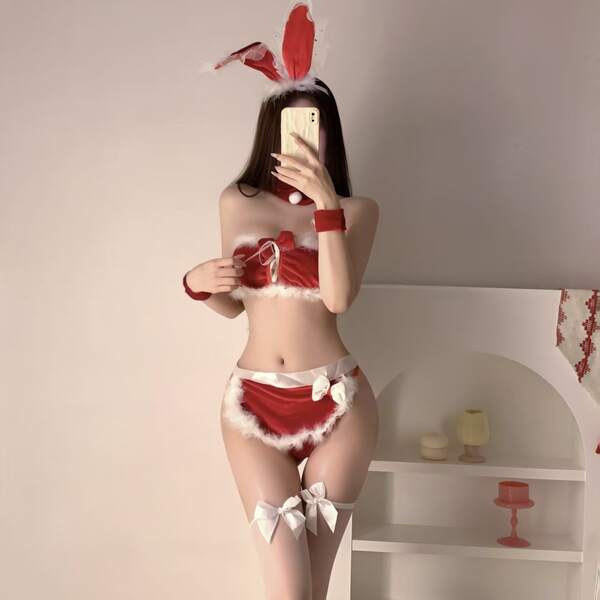 Red christmas bunny lingerie set featuring festive bunny ears and bows, perfect for holiday-themed outfits.