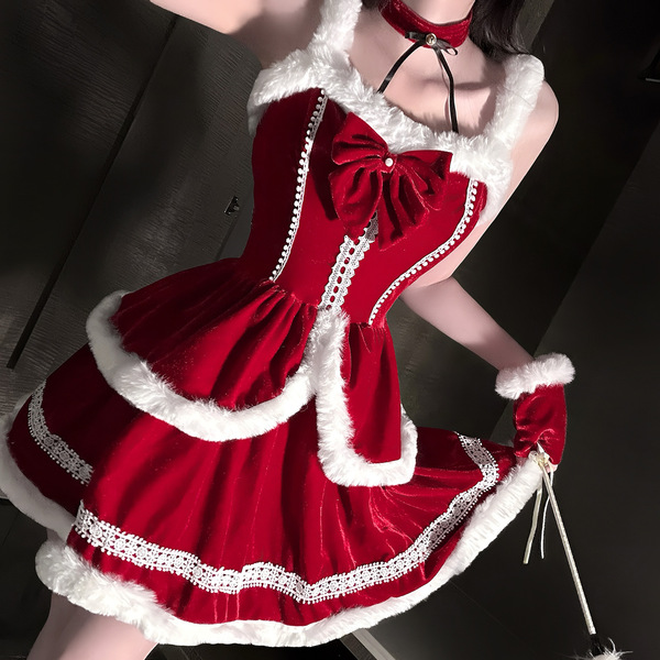 QingShe Sexy Lingerie Set - Japanese Korean Style Red Christmas Dress & Strap Top for New Year Party Outfit - Burgundy Christmas outfit