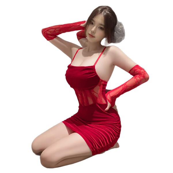 Sexy red velvet dress with sheer lace sleeves, perfect for festive sleepwear or costume outfits.