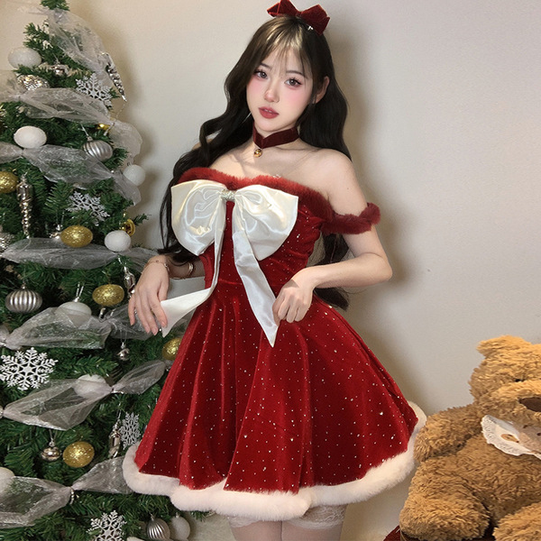 Red Sparkly Sexy New Year Dress - Sweet & Spicy Holiday Lingerie Mini Dress with Strapless Bodice - Red Christmas Dress + Choker